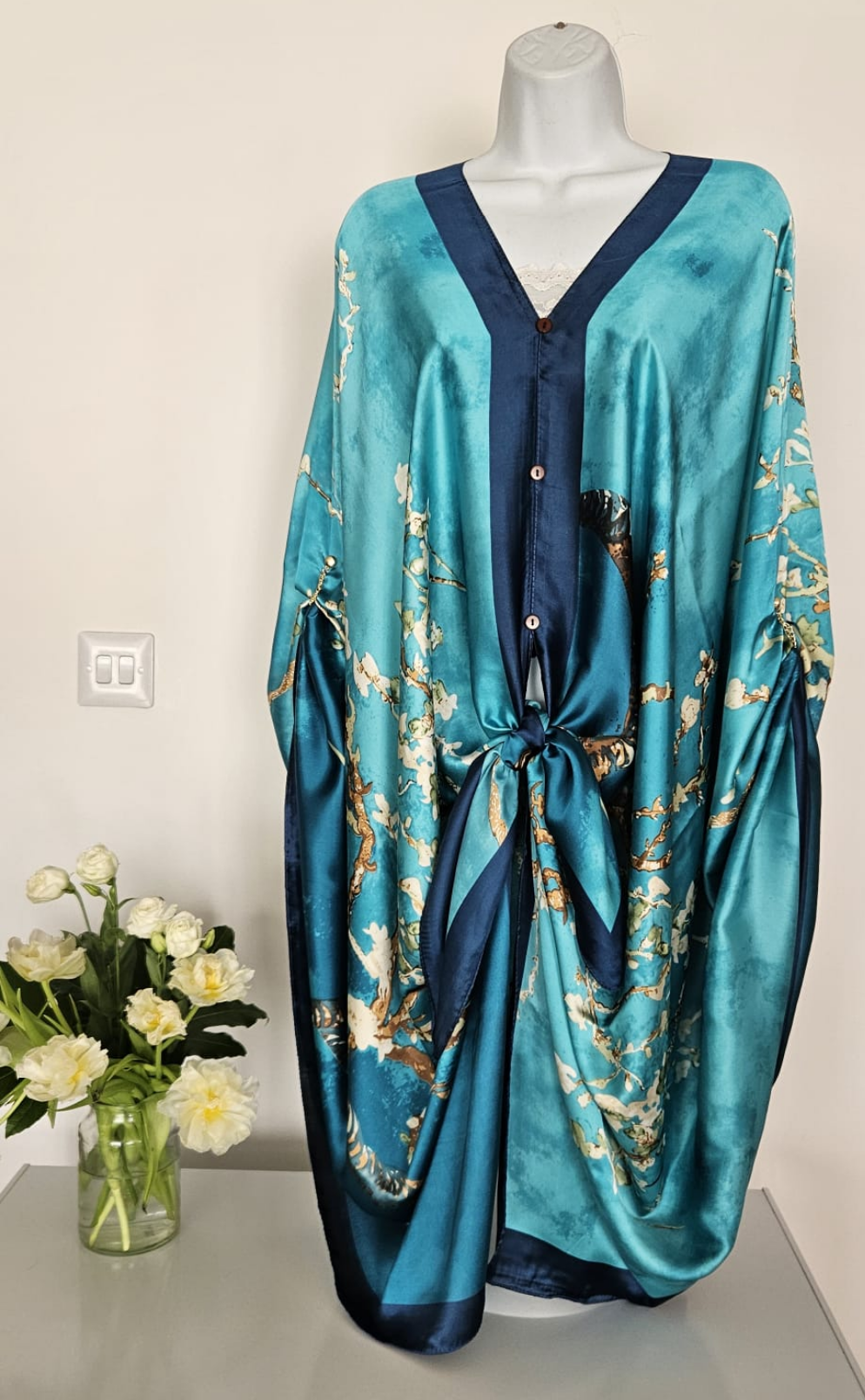 Turquoise cherry blossom tree branch, Navy blue border, Kaftan and dress, day to evening wear to, Beach Cover Up, free size