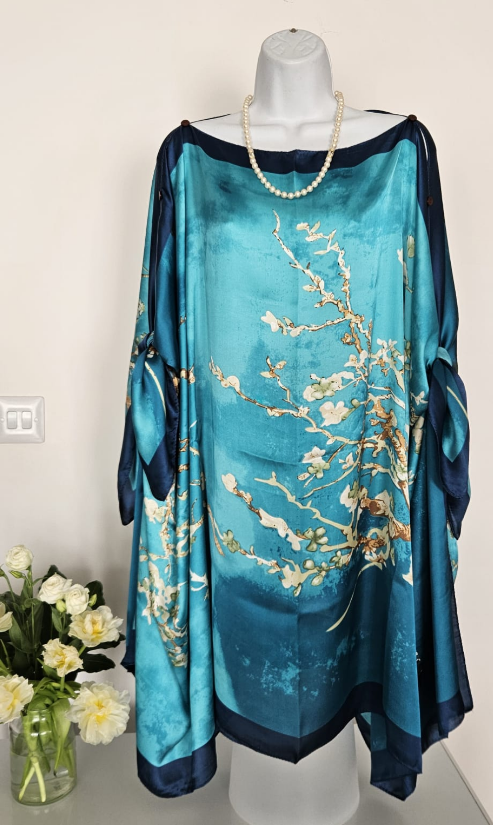 Turquoise cherry blossom tree branch, Navy blue border, Kaftan and dress, day to evening wear to, Beach Cover Up, free size
