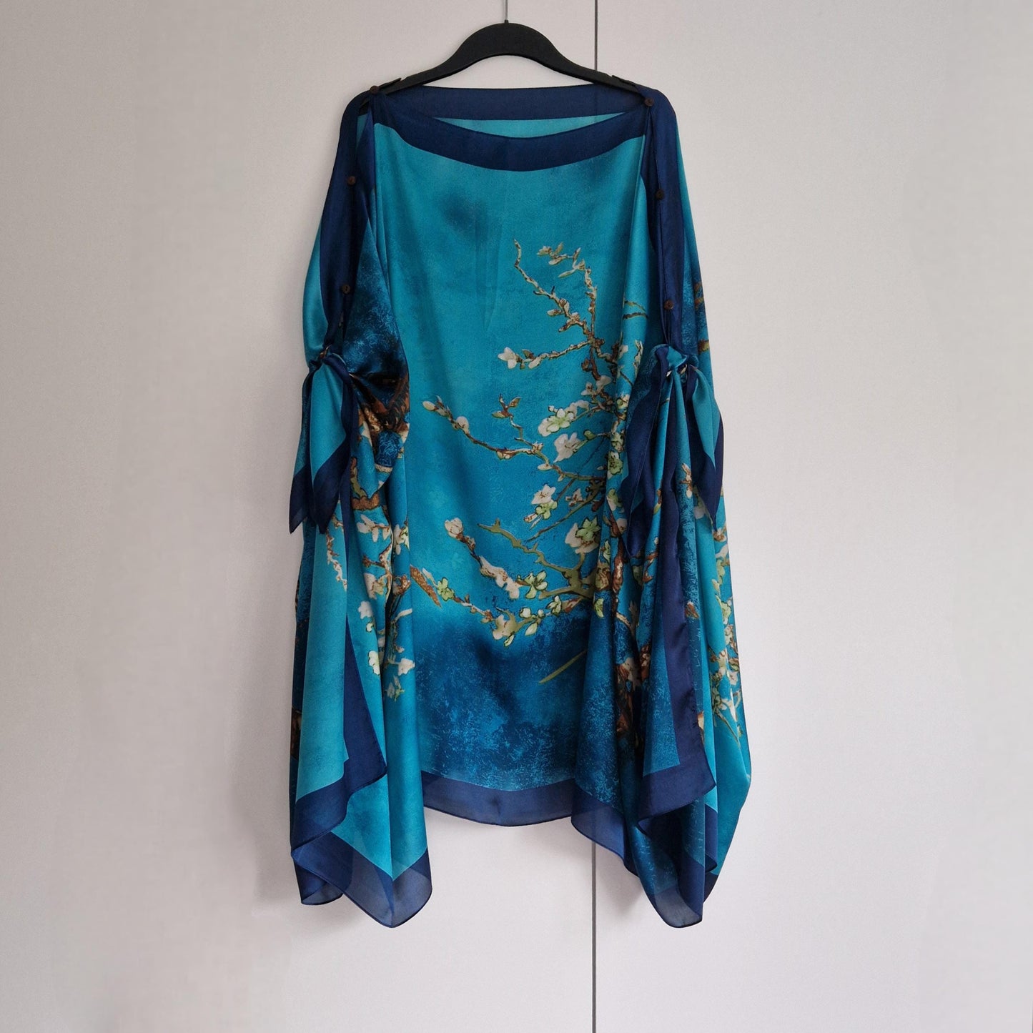 Turquoise cherry blossom tree branch, Navy blue border, Kaftan and dress, day to evening wear to, Beach Cover Up, free size