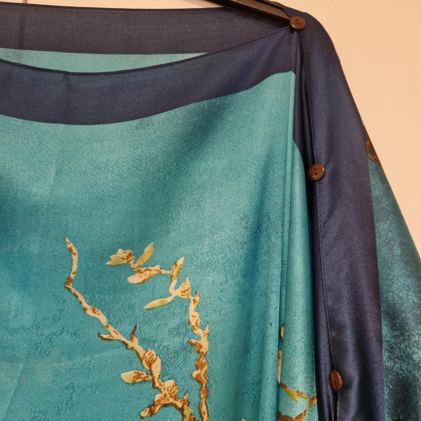 Turquoise cherry blossom tree branch, Navy blue border, Kaftan and dress, day to evening wear to, Beach Cover Up, free size