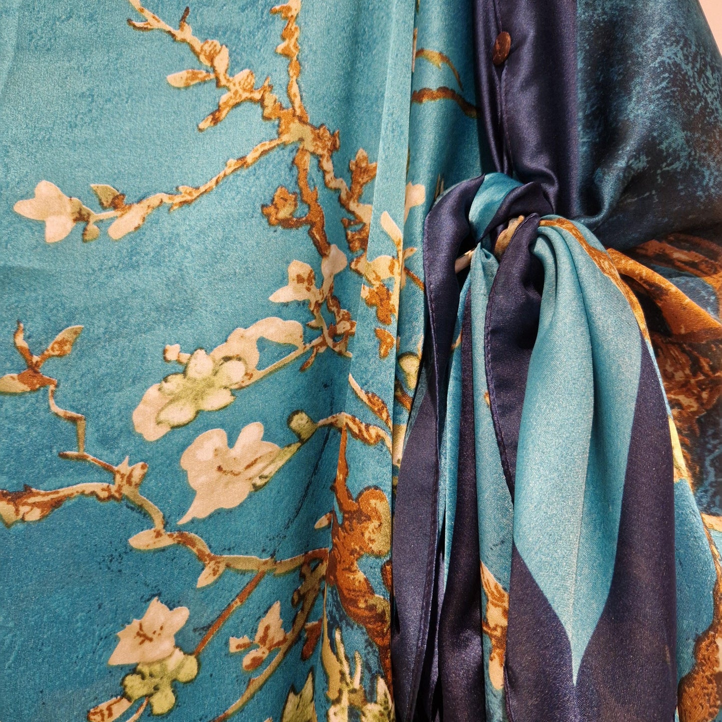 Turquoise cherry blossom tree branch, Navy blue border, Kaftan and dress, day to evening wear to, Beach Cover Up, free size