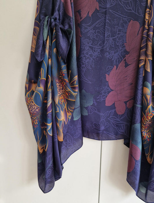 Handmade Boho-style multi-wear kaftan. with a lotus flower and navy blue robe, with botanical, made from a soft cotton-polyester blend