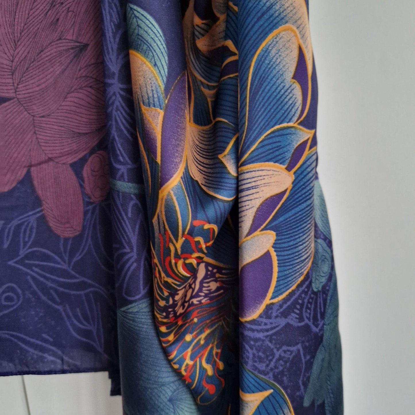 Navy blue, purple lotus flower, gold detail, Kaftan and dress, day to evening wear to, Beach Cover Up, free size