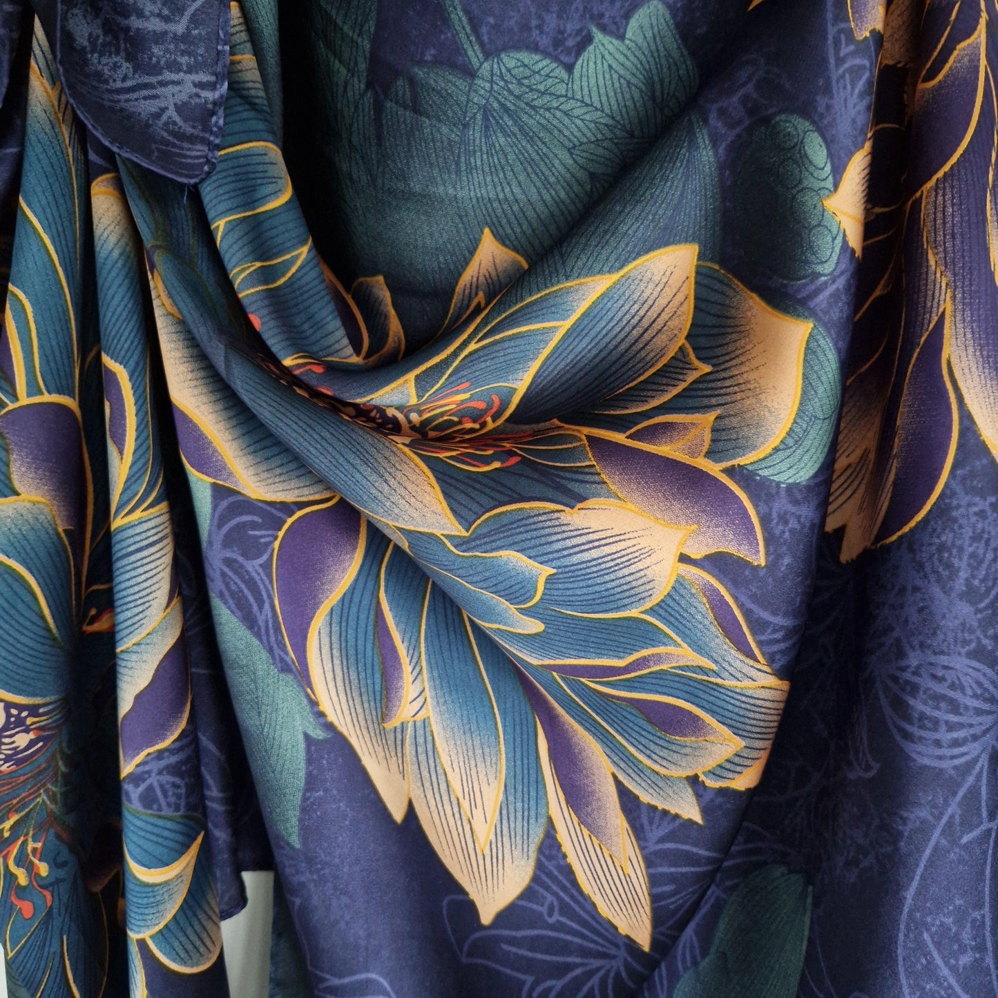 Navy blue, purple lotus flower, gold detail, Kaftan and dress, day to evening wear to, Beach Cover Up, free size