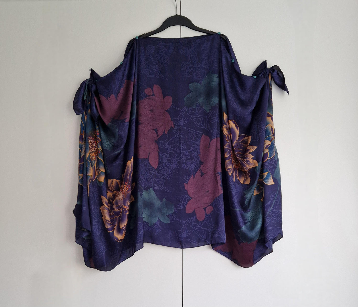 Navy blue, purple lotus flower, gold detail, Kaftan and dress, day to evening wear to, Beach Cover Up, free size