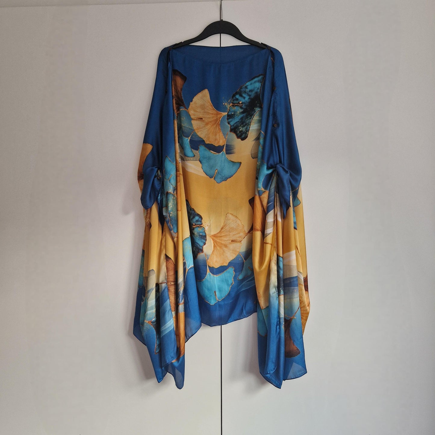 Turquoise Gold Ginko leaves, Kaftan and dress, day to evening wear to, Beach Cover Up, free size