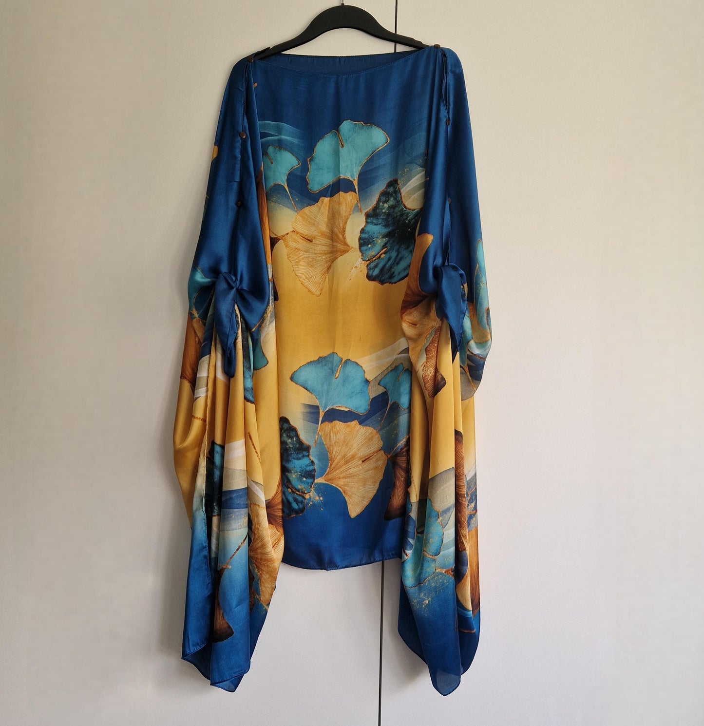 Turquoise Gold Ginko leaves, Kaftan and dress, day to evening wear to, Beach Cover Up, free size
