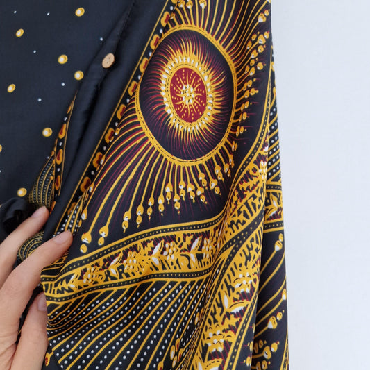 Handmade Boho-style multi-wear kaftan, black robe and gold details with botanical, made from a soft cotton-polyester blend