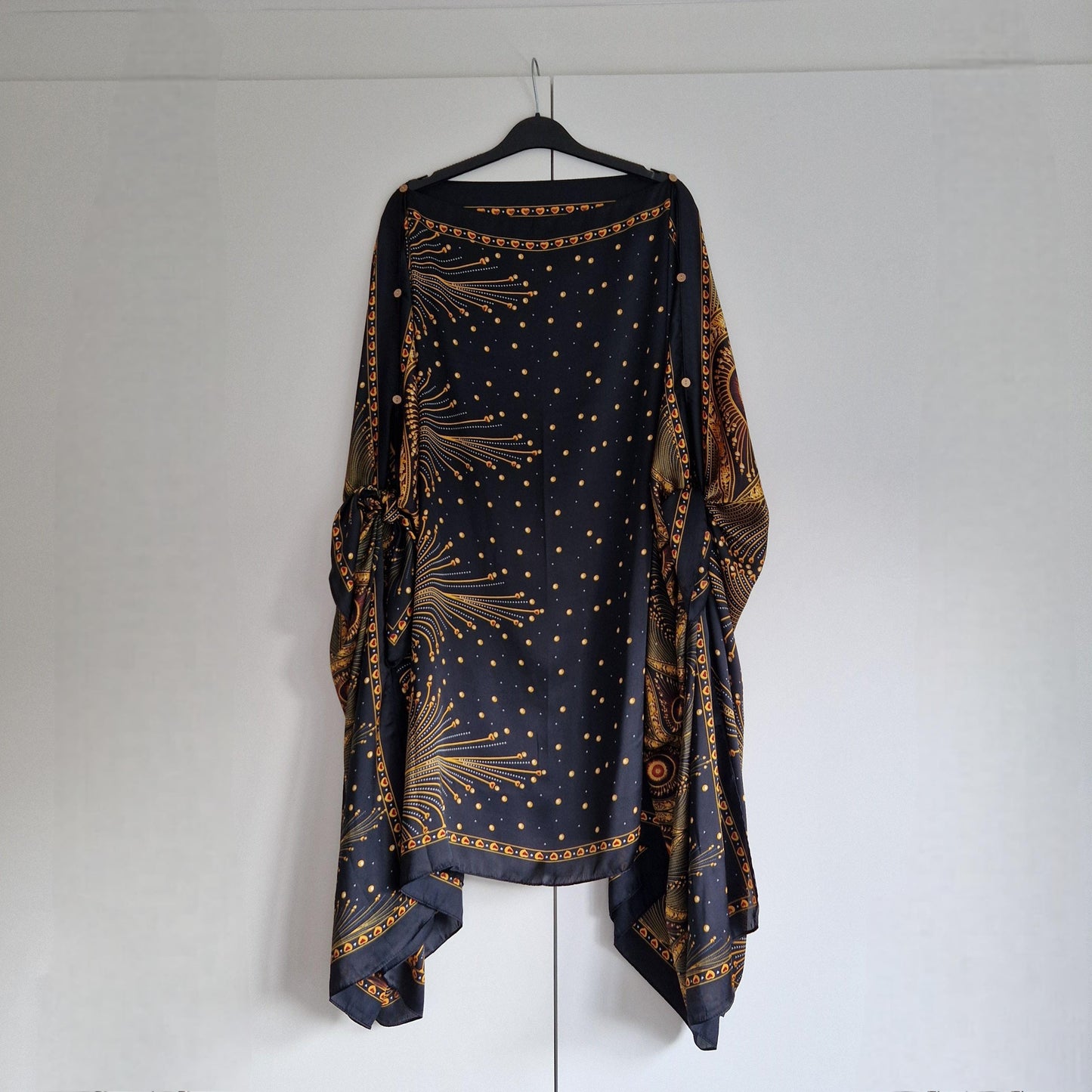 Black with Gold Paisley Eye detail, gold detail, Kaftan and dress, day to evening wear to, Beach Cover Up, free size