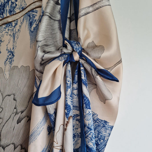 Handmade Boho-style multi-wear kaftan. champagne and French blue with navy-blue border, made from a soft cotton-polyester blend