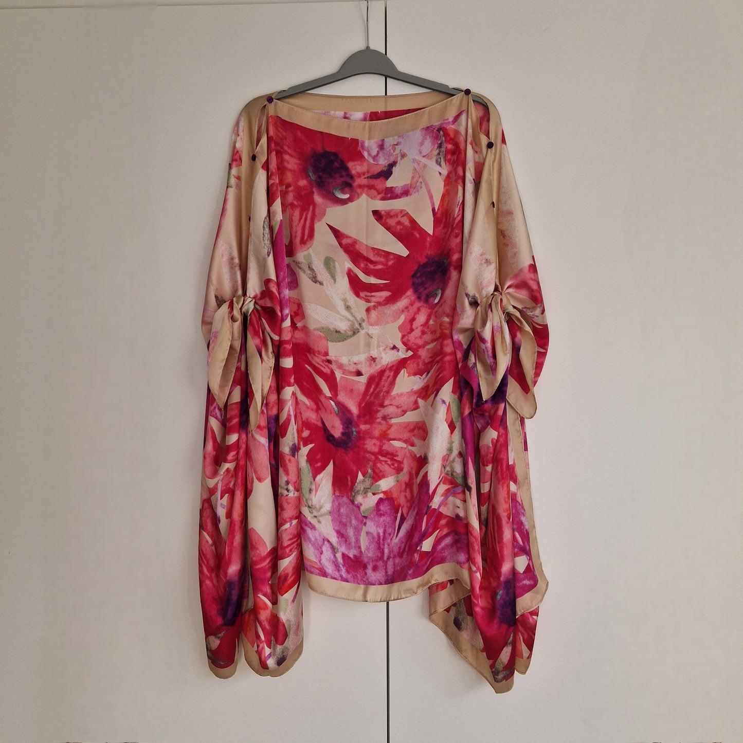 Pink floral on Champagne, Kaftan and dress, day to evening wear to, Beach Cover Up, free size