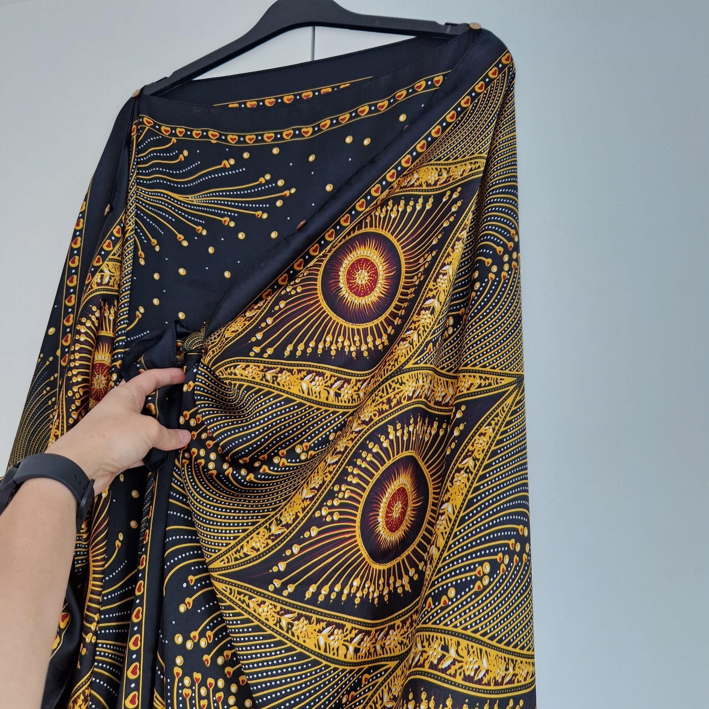 Black with Gold Paisley Eye detail, gold detail, Kaftan and dress, day to evening wear to, Beach Cover Up, free size