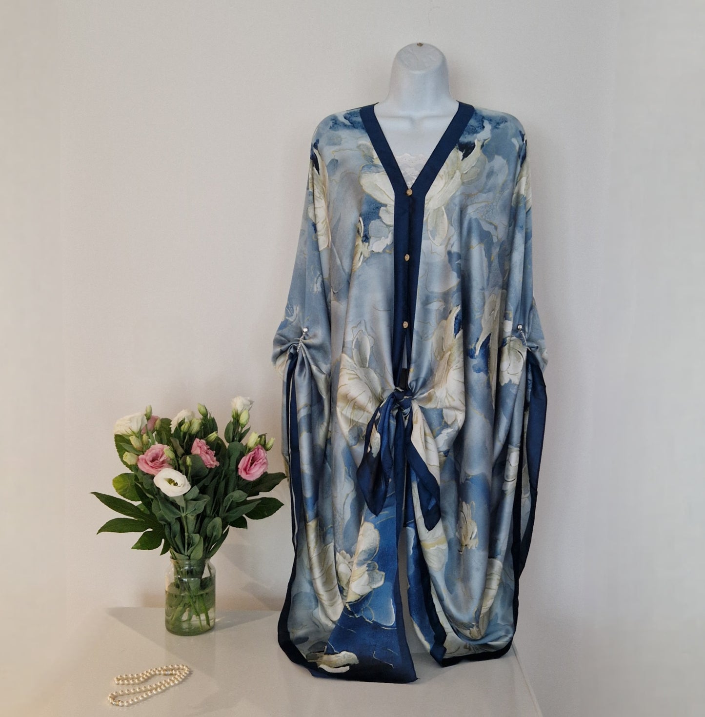 Handmade Boho-style multi-wear kaftan featuring a champagne robe and a blue border, crafted from a soft cotton-polyester blend.