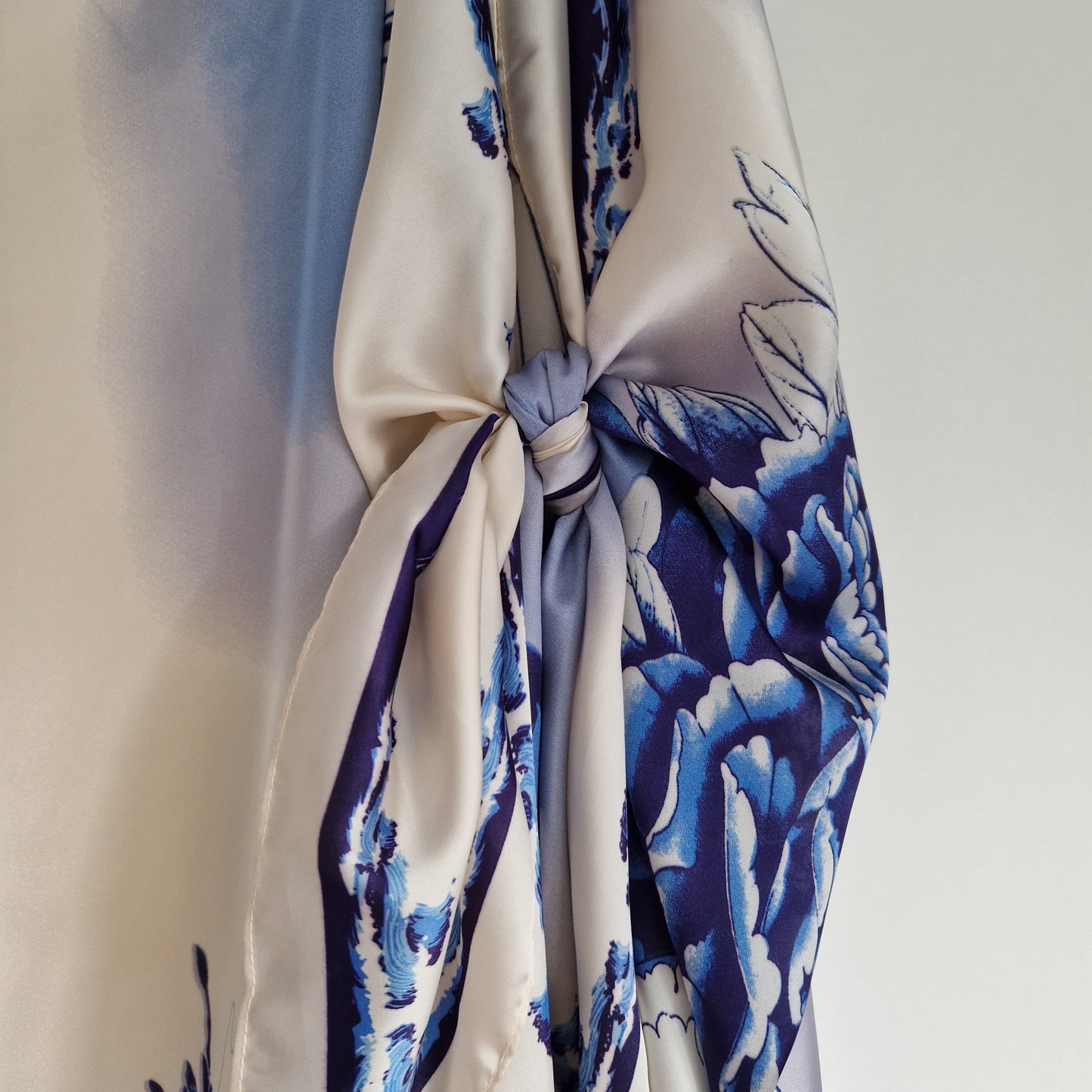 Handmade Boho-style multi-wear kaftan and a purple robe with an iris flower blue detail, with botanical, made from a soft cotton-polyester blend