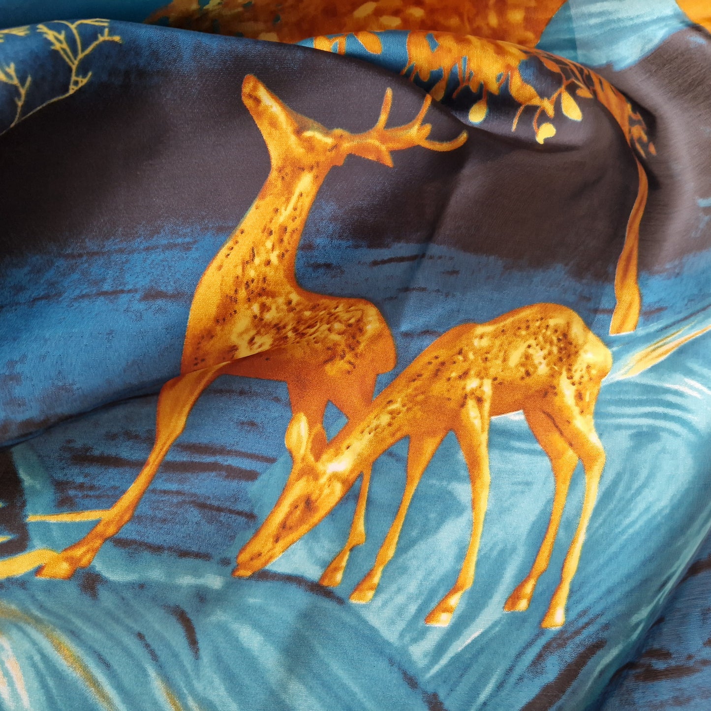 Handmade Boho-style multi-wear kaftan and a blue robe with a golden border, and with botanical, made from a soft cotton-polyester blend