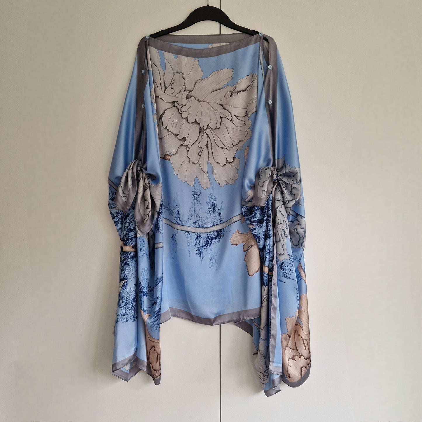 Handmade Boho-style multi-wear kaftan and a silver border with sky blue coloured robe, with botanical, made from a soft cotton-polyester blend