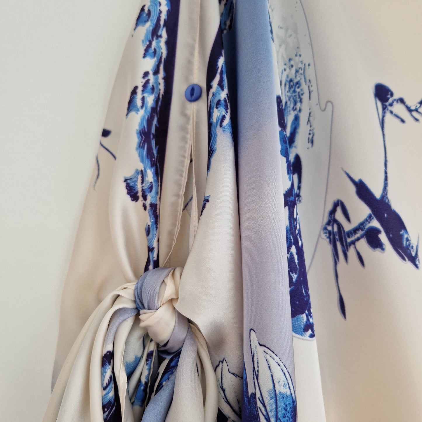 Handmade Boho-style multi-wear kaftan and robe in diamond white botanical cherry blossom print, made from a soft cotton-polyester blend