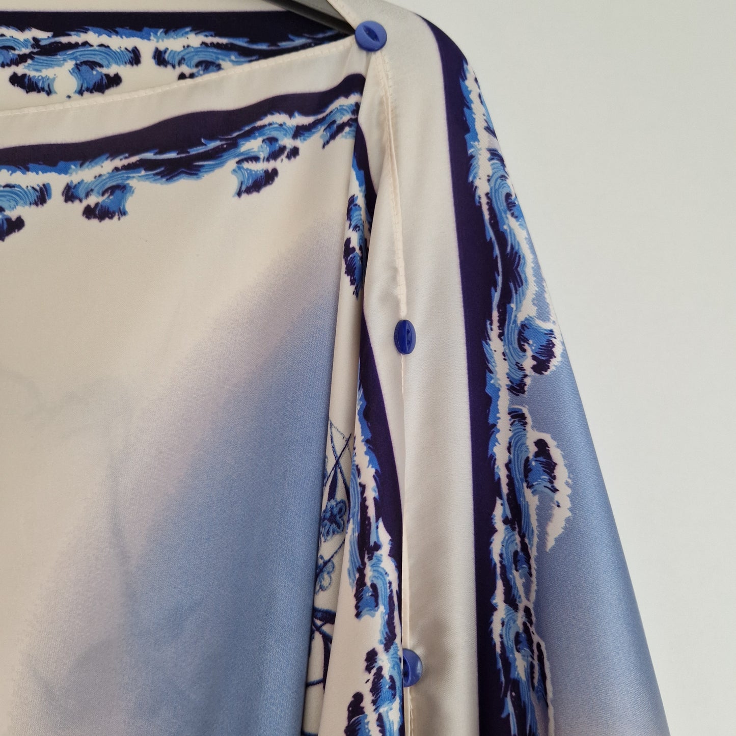 Handmade Boho-style multi-wear kaftan and a purple robe with an iris flower blue detail, with botanical, made from a soft cotton-polyester blend