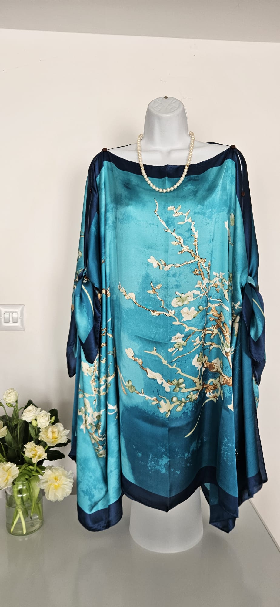 Turquoise cherry blossom tree branch, Navy blue border, Kaftan and dress, day to evening wear to, Beach Cover Up, free size