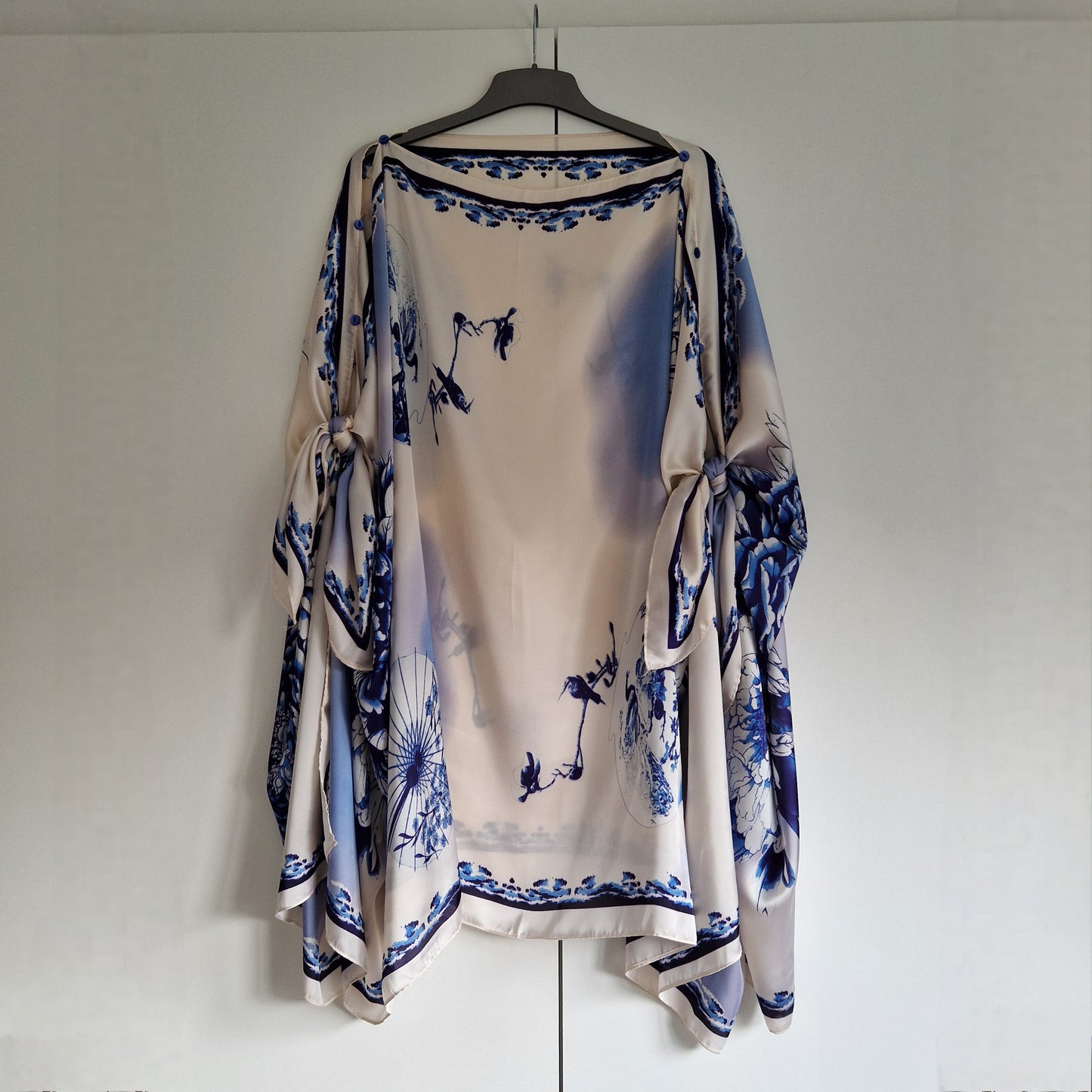 Handmade Boho-style multi-wear kaftan and robe in diamond white botanical cherry blossom print, made from a soft cotton-polyester blend