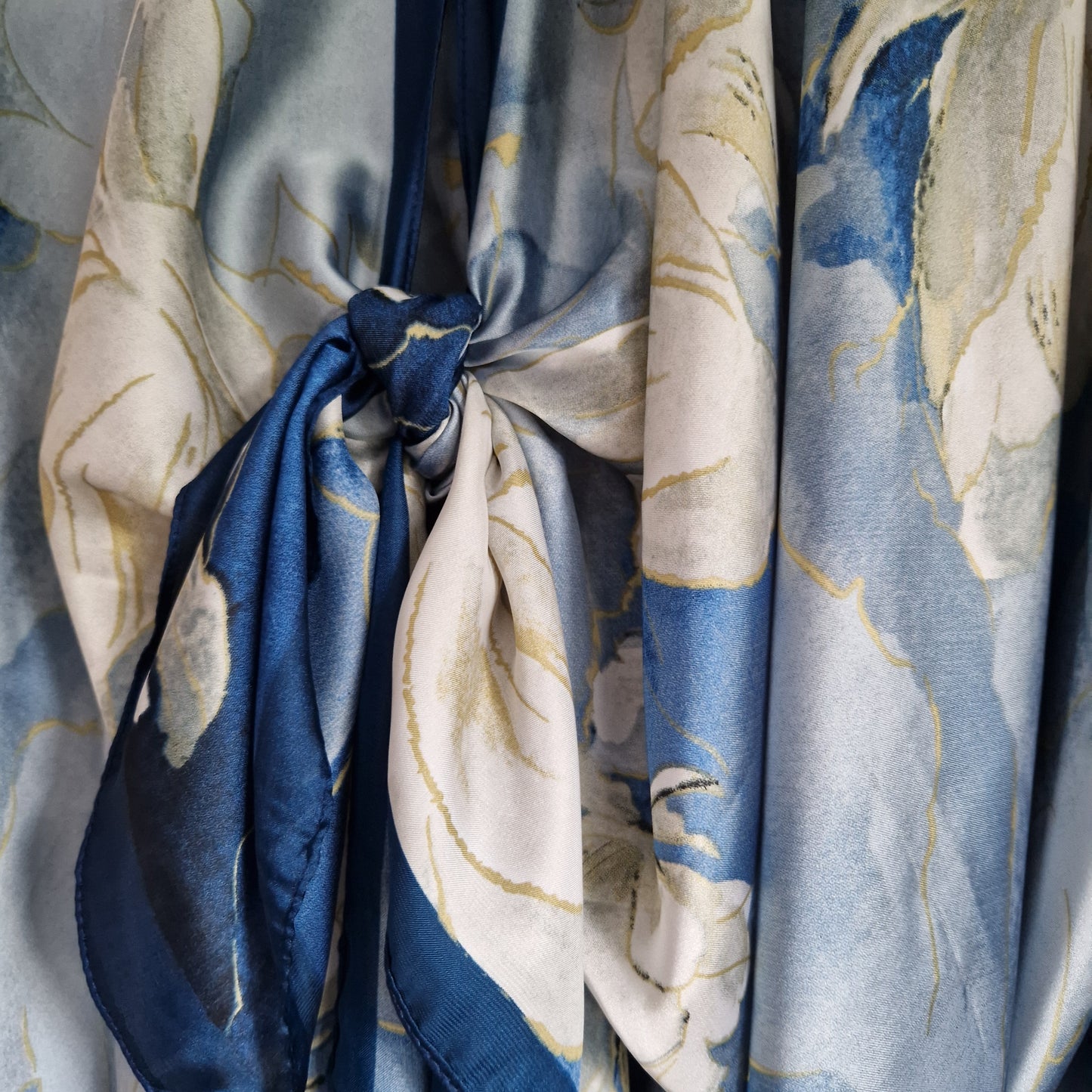 Handmade Boho-style multi-wear kaftan featuring a champagne robe and a blue border, crafted from a soft cotton-polyester blend.