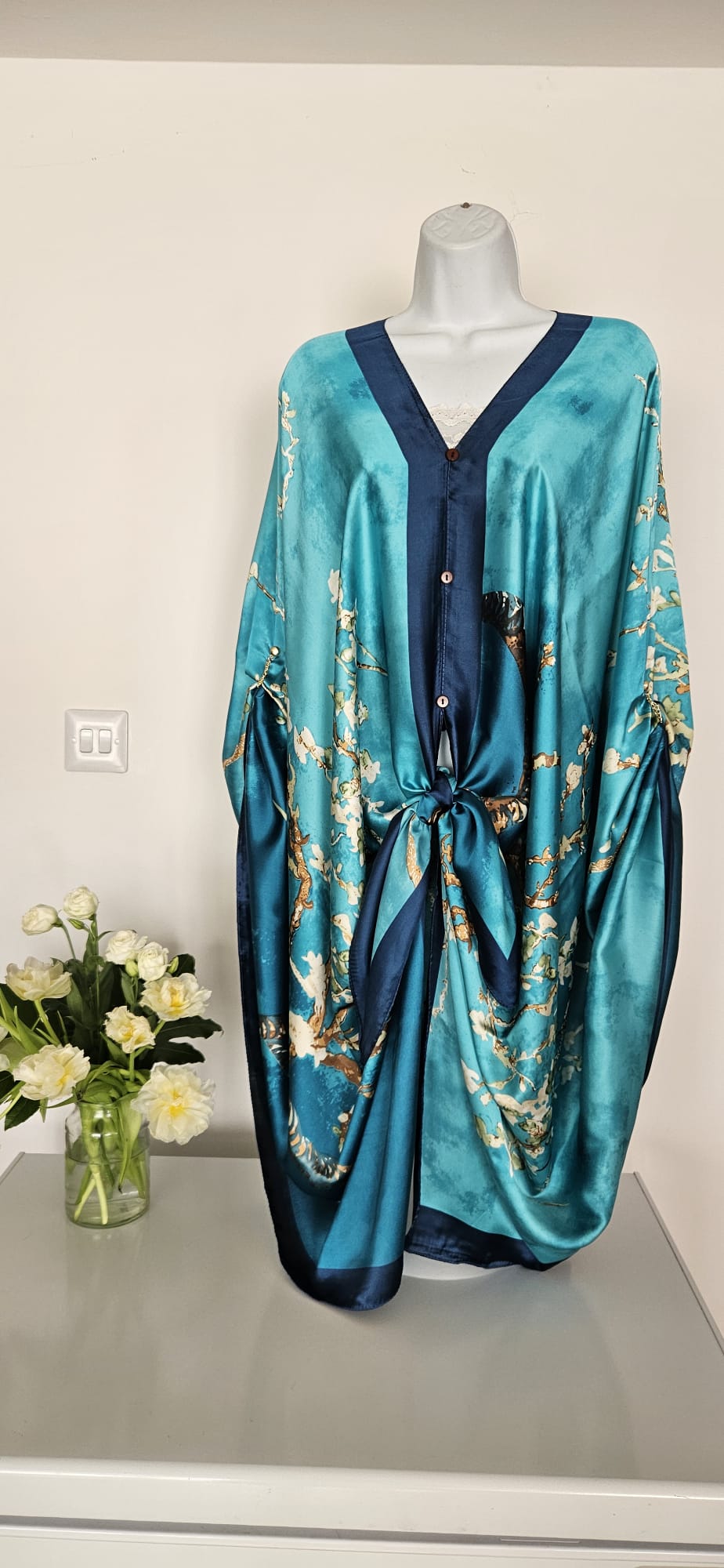 Turquoise cherry blossom tree branch, Navy blue border, Kaftan and dress, day to evening wear to, Beach Cover Up, free size