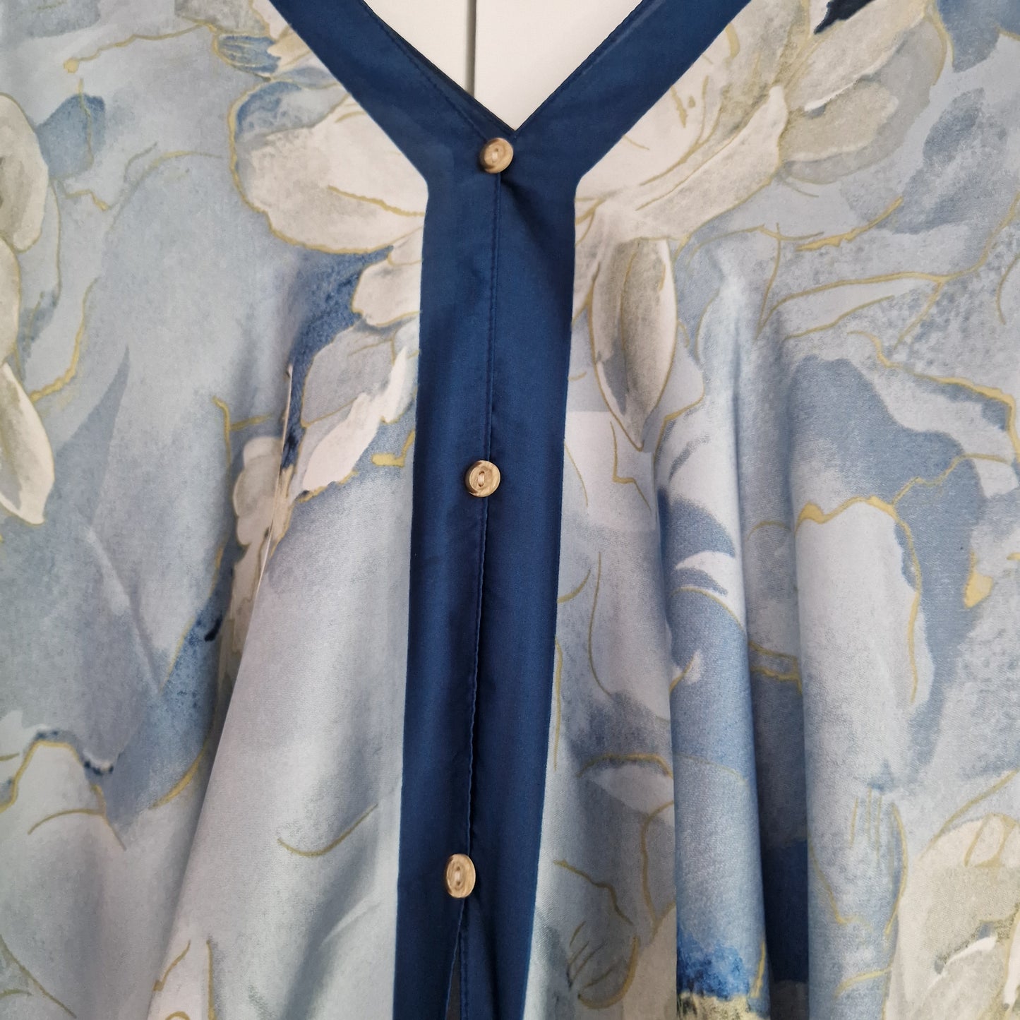 Handmade Boho-style multi-wear kaftan featuring a champagne robe and a blue border, crafted from a soft cotton-polyester blend.