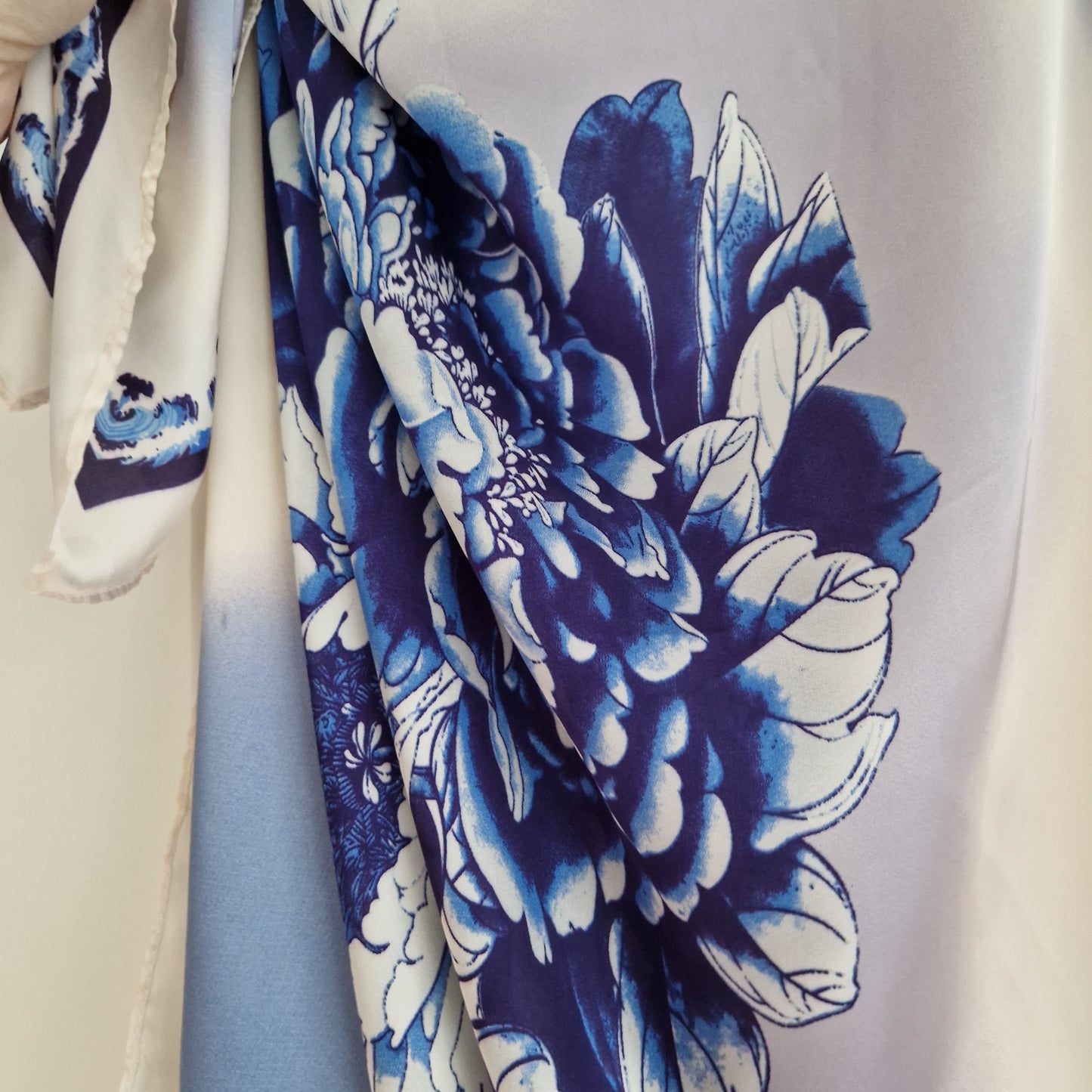 Handmade Boho-style multi-wear kaftan and robe in diamond white botanical cherry blossom print, made from a soft cotton-polyester blend