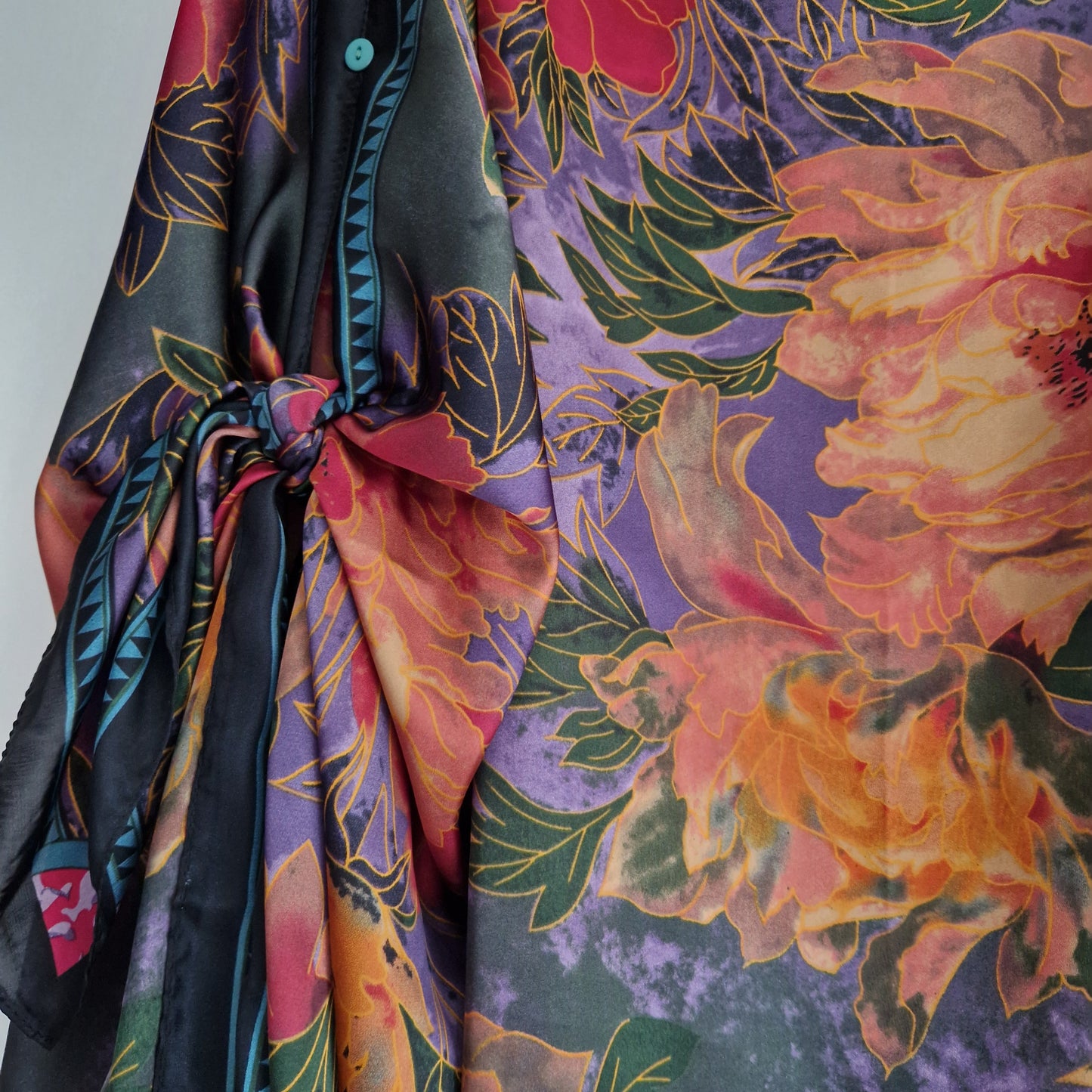 Handmade Boho-style multi-wear kaftan and a multi coloured warm coloured robe, with botanical, made from a soft cotton-polyester blend