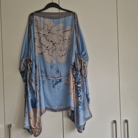 Handmade Boho-style multi-wear kaftan and a   silver border with sky blue coloured robe, with botanical, made from a soft cotton-polyester blend